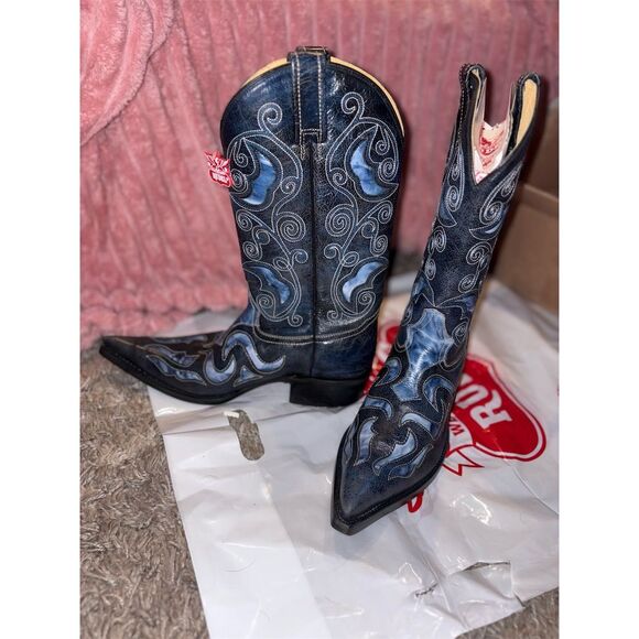 Rudel Men's Western Cowboy Boots Blue Leather Size EE Pointed Toe